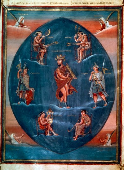 David tocando harpa, rodeado por quatro músicos, dois guardas e quatro virtudes cardeais. Miniatura em "Primeira Bíblia de Charles the Bald, também conhecida como Bíblia de Vivian" (Folio 215v). Anónimo, França, Tours (Saint-Martin). BN, Paris. de School French