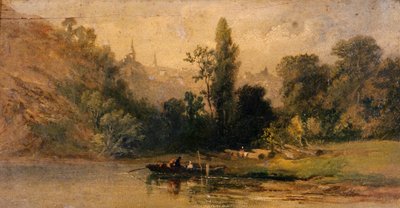 Dinan from the River, c.1800 (óleo sobre tábua) de School French