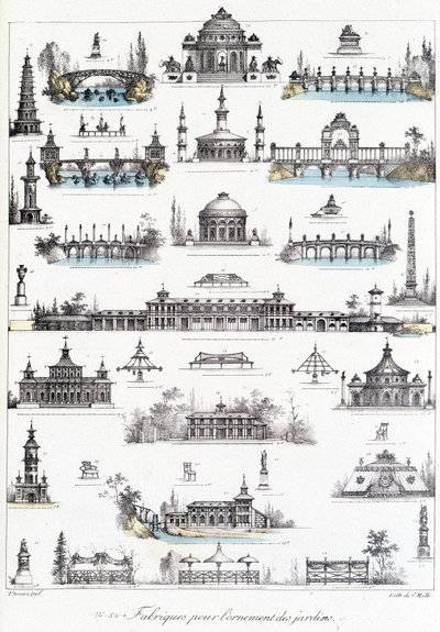 Fachada de diferentes edifícios dedicados ao fabrico de ornamentos de jardim. de School French