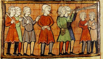 Falso testemunho com língua trespassada condena a vaguear pelas ruas da cidade precedido por trompetistas em miniatura do manuscrito de Citeaux. Angers, Biblioteca Municipal de School French
