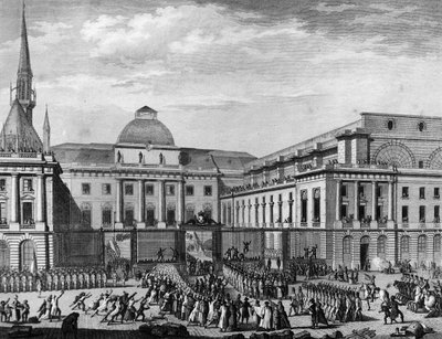 Revolução Francesa: Câmara Municipal de Paris, Parlamento em Novembro de 1790 na ilha da cidade presidida por Jean Baptiste Gaspard Bochart de Saron (1730-1794). Paris, Biblioteca do Instituto de História da Revolução de School French