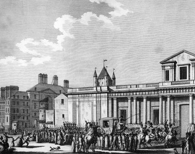 Revolução Francesa: Transferência da família real (Luís XVI, Maria Antonieta, o golfinho Luís Carlos de França ou Luís XVII e Maria Teresa conhecida como "Madame Royale") para a prisão do Templo em Paris no dia 13 de Agosto de School French