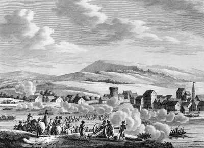 Guerra da Revolução Francesa e movimentos anti-revolucionários: Tropas francesas passando o Reno para Dusseldorf, Alemanha, em 20 Fructidor An III (6 de setembro de School French