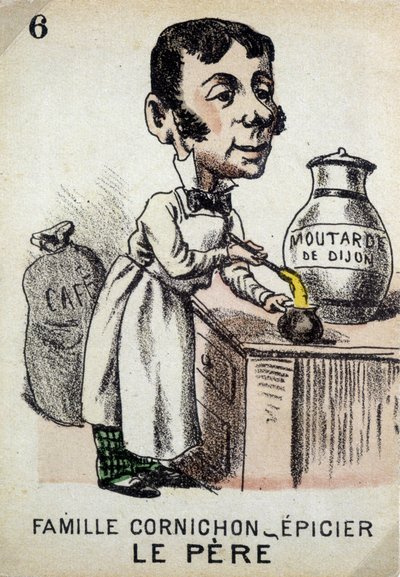 Jogo das Sete Famílias: O Pai da Família Cornichon-merceeiro preparando mostarda Dijon. Musée de la Carte à Jouier, Issy-les-Moulineaux. de School French
