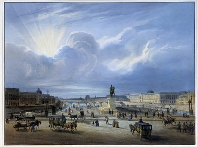 Vista geral do Louvre com a estátua de Henrique IV de School French