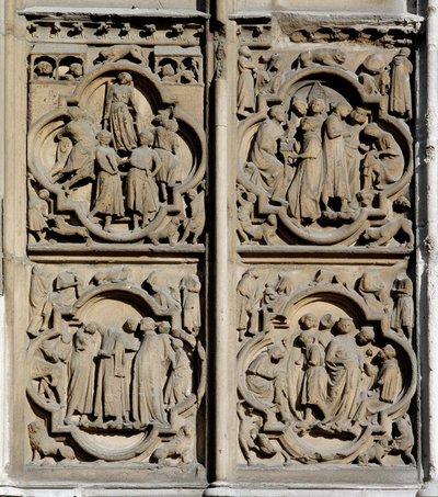 Arte gótica: cenas de ensino. Detalhe do portal sul da Cathedrale Notre Dame em Paris de School French