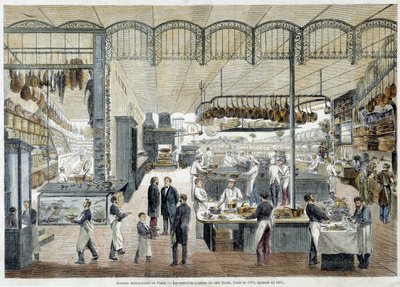 Grandes restaurantes em Paris: as novas cozinhas do Café Riche, fundado em 1785, ampliado em 1865. de School French