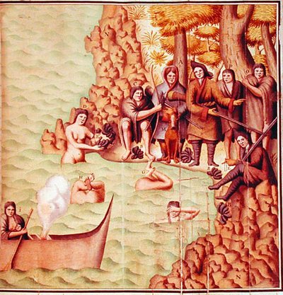Índios do Estreito de Magalhães com exploradores franceses, ilustração da 
