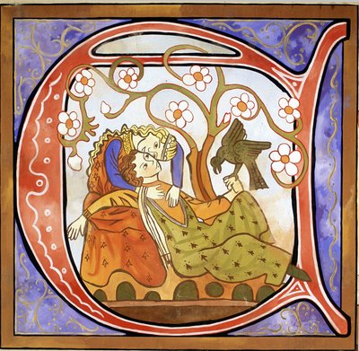 Habitado A inicial representando um Troubadour (cor litho) de School French
