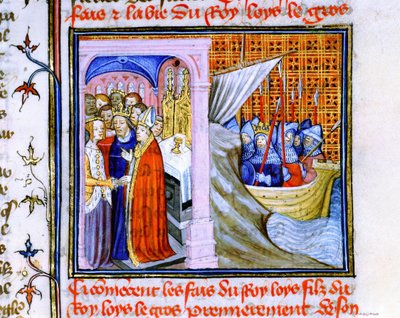 Casamento de Eleanor da Aquitânia e Luís VII de França (1137) à esquerda, e embarque para a Segunda Cruzada 1147-1149, da "Chronique de St Denis" (velino) de School French