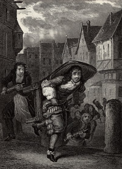 "Monsieur de Pourceaugnac" Gravação de "obras" do autor inglês Moliere - Cena da peça "Monsieur de Pourceaugnac" de Jean-Baptiste Poquelin dit Moliere (Jean Baptiste Poquelin de School French
