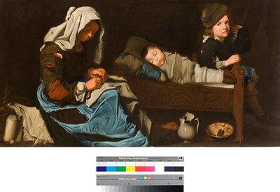 Mãe costureira e os seus dois filhos Pintura da escola francesa Coleção particular de School French