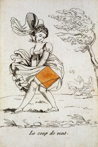 Velha carta para jogar: o ás de diamantes - "A rajada de vento" levantando a saia de uma mulher. Musée de la Carte à Joucher, "Issy-les-Moulineaux". de School French