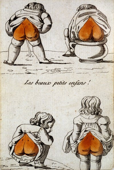 Velha carta para jogar: os quatro de coração - "Beautiful little children" que mostram as suas nádegas em forma de coração. Musée de la Carte à Joueur, Issy-les-Moulineaux. de School French