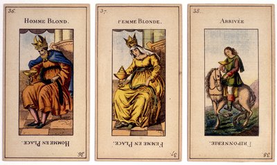 Cartas antigas representando o rei "homem louro", a rainha "mulher loira" e a chegada "friponnerie". Musée de la Carte à Joulier, Issy-les-Moulineaux. de School French