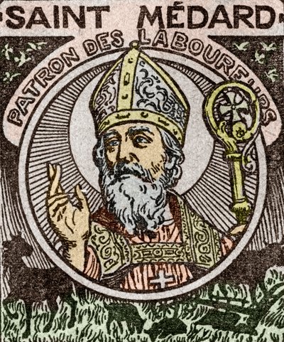 Retrato de São Medardo, Medardus, bispo de Noyon, do "Almanach du Pelerin de School French