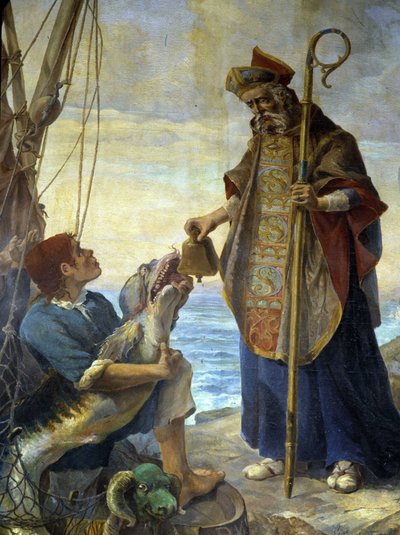 São Pol de Leão recebe por um peixe, na ilha de Batz, o sino que o rei Marcos lhe recusou em Ouessant, v. 530 - pintura da igreja de Morlaix de School French