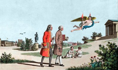 O Espírito de Voltaire e Jean Jacques Rousseau leva-os ao Templo da Imortalidade - o Génio de Voltaire (François Marie Arouet, dit Voltaire de School French