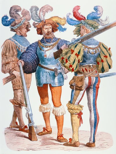 Soldados alemães do século XVI, armados com mosquetes de fósforo (gravura a cores) de School German