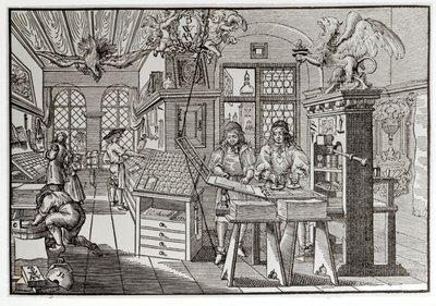 Interior de uma tipografia em Nuremberga de School German
