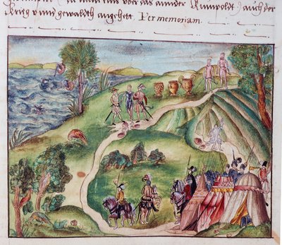 MS Add.15217 fol.40 Uma paisagem venezuelana com um acampamento espanhol, de uma coleção de memórias da Família Coeler, Nuremberg de School German