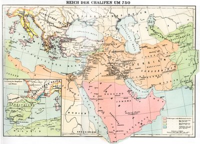 Mapa do Império Califa em 750, de "Weltgeschichte" de Julius von Pflugk-Harttung de School German