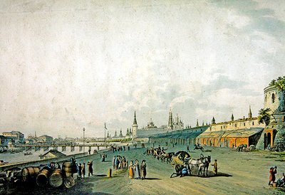 Moscovo, vista do Kremlin e do cais do Moskva (gravura com aguarela) de School German