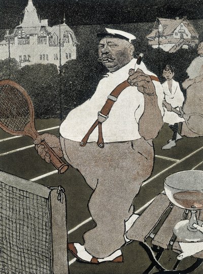 Ténis: homem gordo, fumar e beber álcool, jogar ténis - cartoon alemão de School German