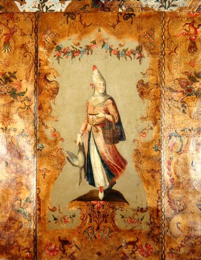 Papel de parede que representa uma mulher em traje tradicional (couro) de School German