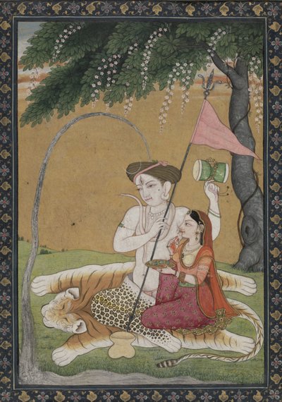 Shiva e Parvati em Tiger Skin, c.1800 (aquarela com ouro e prata) de School Guler