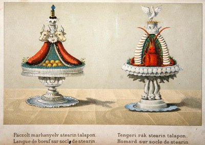 Design para a apresentação da língua de boi numa cama de estearina e para lagosta, ilustração de um livro de cozinha húngara sobre cozinha francesa, c.1880 (cor litho) de School Hungarian