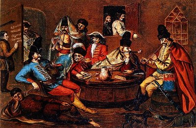 Soldados rebeldes do Príncipe Ferenc Rakoczi II relaxando com companheiros (cor litho) (depois de uma pintura húngara do século XVII) de School Hungarian