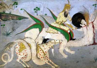 Um guerreiro montado a atacar um dragão, ilustração de um livro sobre místicos indianos (tinta sobre papel montado sobre cartão) de School Indian