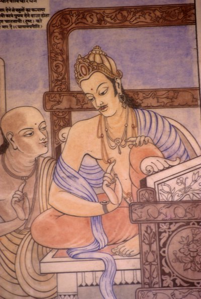 Chanakya e o rei Chandragupta (aguarela sobre papel) de School Indian