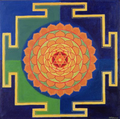 Desenho de Gayatri Yantra (pigmento sobre cartão) de School Indian