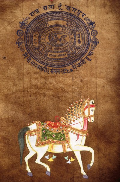 Cavalo, pintura feita à mão e papel de carimbo antigo, Jaipur, Rajastão, Índia de School Indian