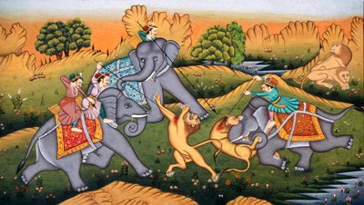 Caça aos tigres em miniatura Pintura sobre papel de School Indian