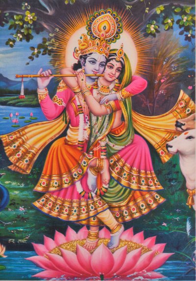 Krishna e Radha (litografia a cores) de School Indian