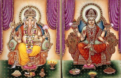 Senhor Ganesh Deusa Ganpati e Lakshmi Pintura em miniatura sobre marfim de School Indian