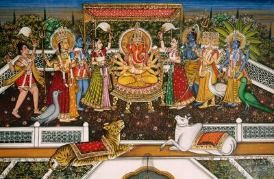 Senhor Ganesh Ganpati com Brahma, Vishnu, Shiva, Durga, Pintura em miniatura sobre papel de School Indian