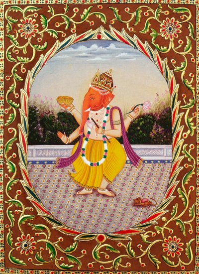 Lord Ganesha Ganpati Pintura em miniatura sobre papel com bordado de School Indian
