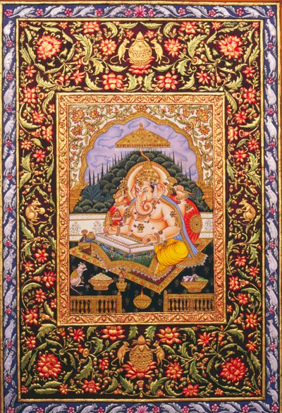 Lord Ganesha Ganpati Pintura em miniatura sobre papel com relevo dourado de School Indian