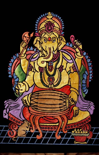 Lord Ganesha Ganpati tocando instrumento musical Trabalho de bordado de School Indian