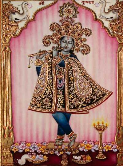 Pintura em miniatura de Lord Krishna sobre marfim de School Indian