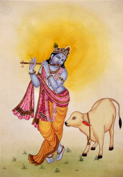 Pintura em miniatura do Senhor Krishna sobre papel de School Indian