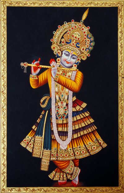Senhor Krishna a tocar flauta Pintura em miniatura sobre papel de School Indian