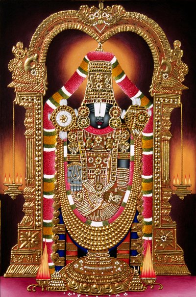 Pintura em miniatura do Senhor Thirupati Balaji em papel com relevo dourado de School Indian