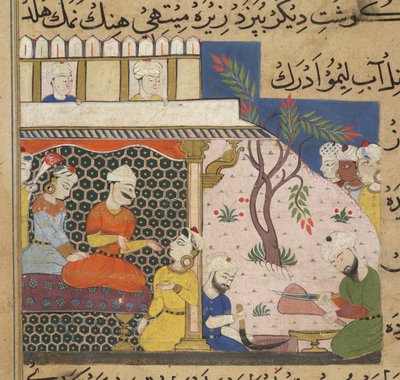 Mince sendo preparado para o sultão Ghiyath al-Din, enquanto ele brinca com suas damas, de The Ni
