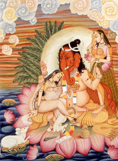 Pintura em miniatura de um Deus Ganesh Ganpati com cabeça de elefante de School Indian