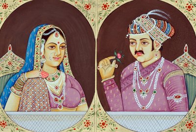 Pintura em miniatura de Akbar e Jodha Bai Índia Ásia de School Indian